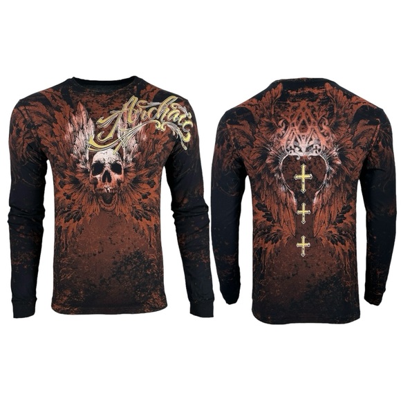 Archaic by Affliction Men's T-Shirt Hinsley Skull Wings Biker S-4XL - Picture 2 of 9